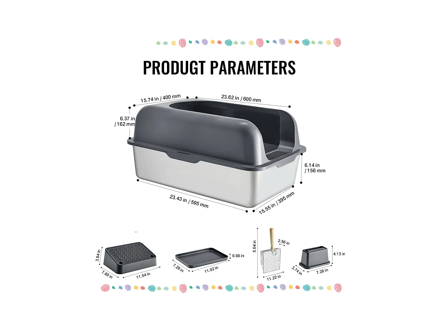 Toilette pour Chat, SucceBuy Bac à Litière pour Chat en Acier Inoxydable de 15.24 cm de Profondeur avec Marchepied Filtrant