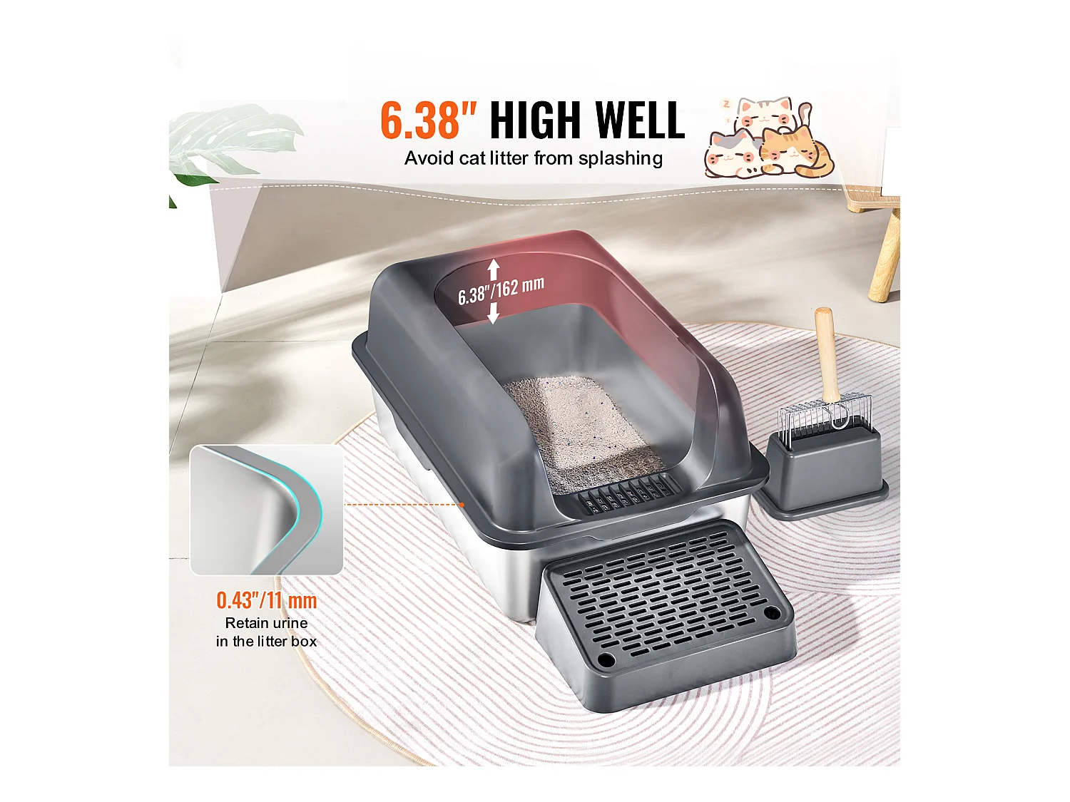 Toilette pour Chat, SucceBuy Bac à Litière pour Chat en Acier Inoxydable de 15.24 cm de Profondeur avec Marchepied Filtrant