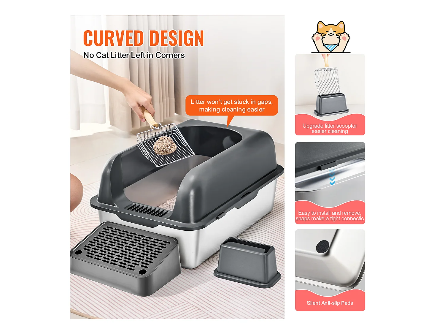 Toilette pour Chat, SucceBuy Bac à Litière pour Chat en Acier Inoxydable de 15.24 cm de Profondeur avec Marchepied Filtrant