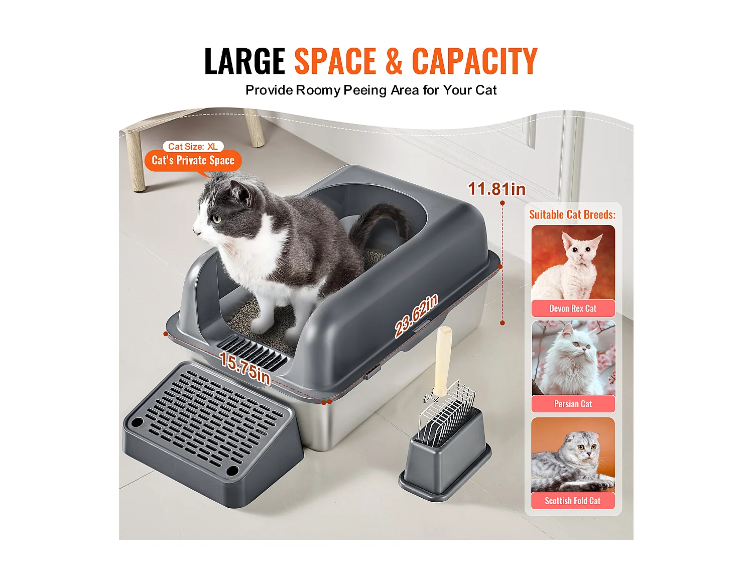 Toilette pour Chat, SucceBuy Bac à Litière pour Chat en Acier Inoxydable de 15.24 cm de Profondeur avec Marchepied Filtrant