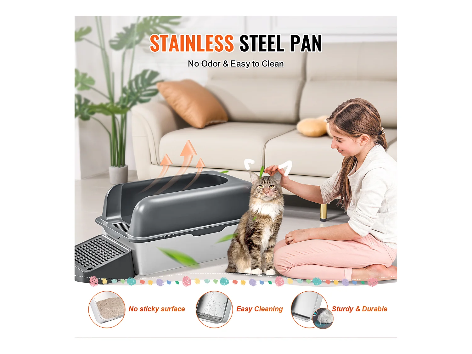 Toilette pour Chat, SucceBuy Bac à Litière pour Chat en Acier Inoxydable de 15.24 cm de Profondeur avec Marchepied Filtrant