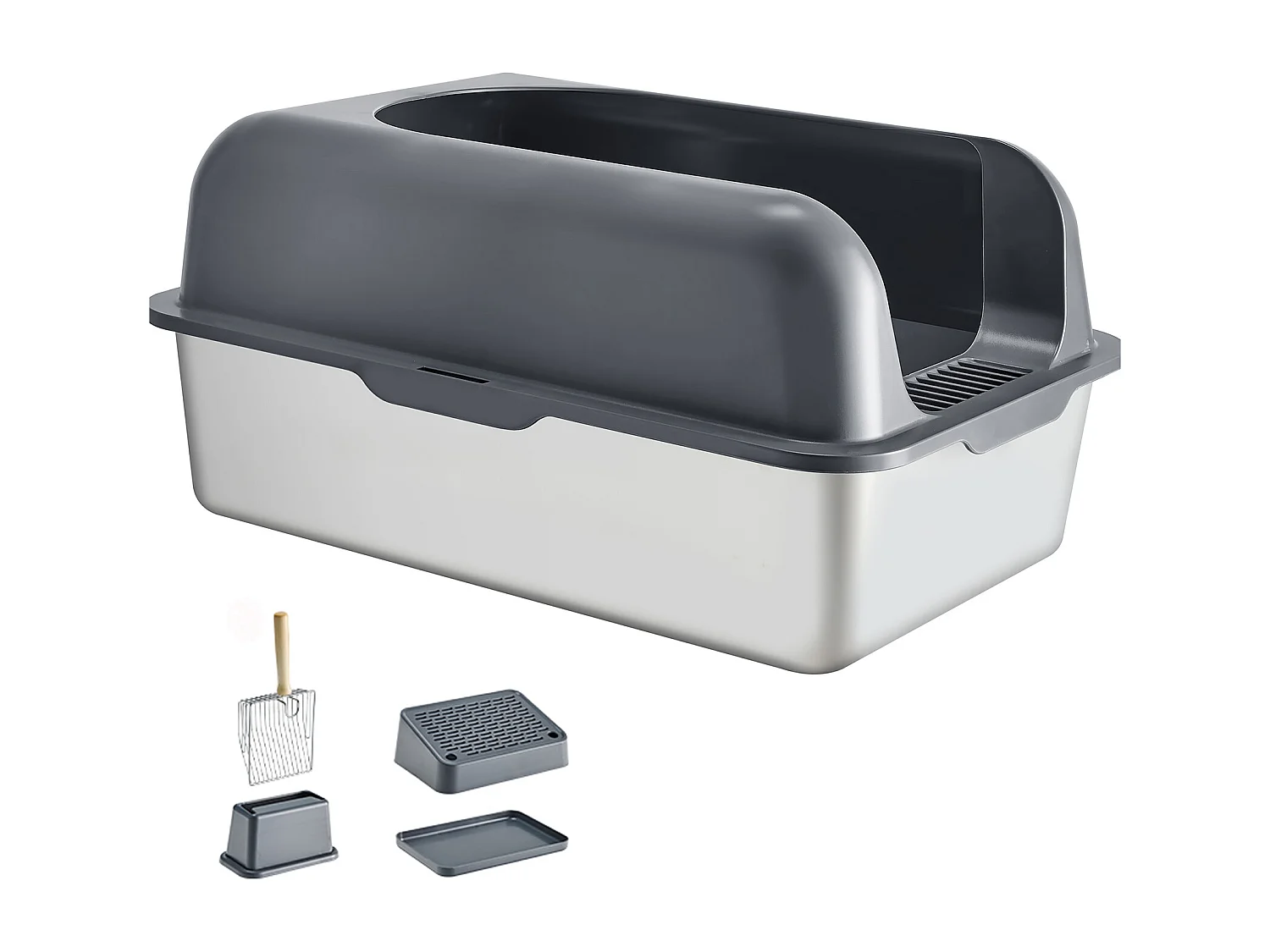 Toilette pour Chat, SucceBuy Bac à Litière pour Chat en Acier Inoxydable de 15.24 cm de Profondeur avec Marchepied Filtrant