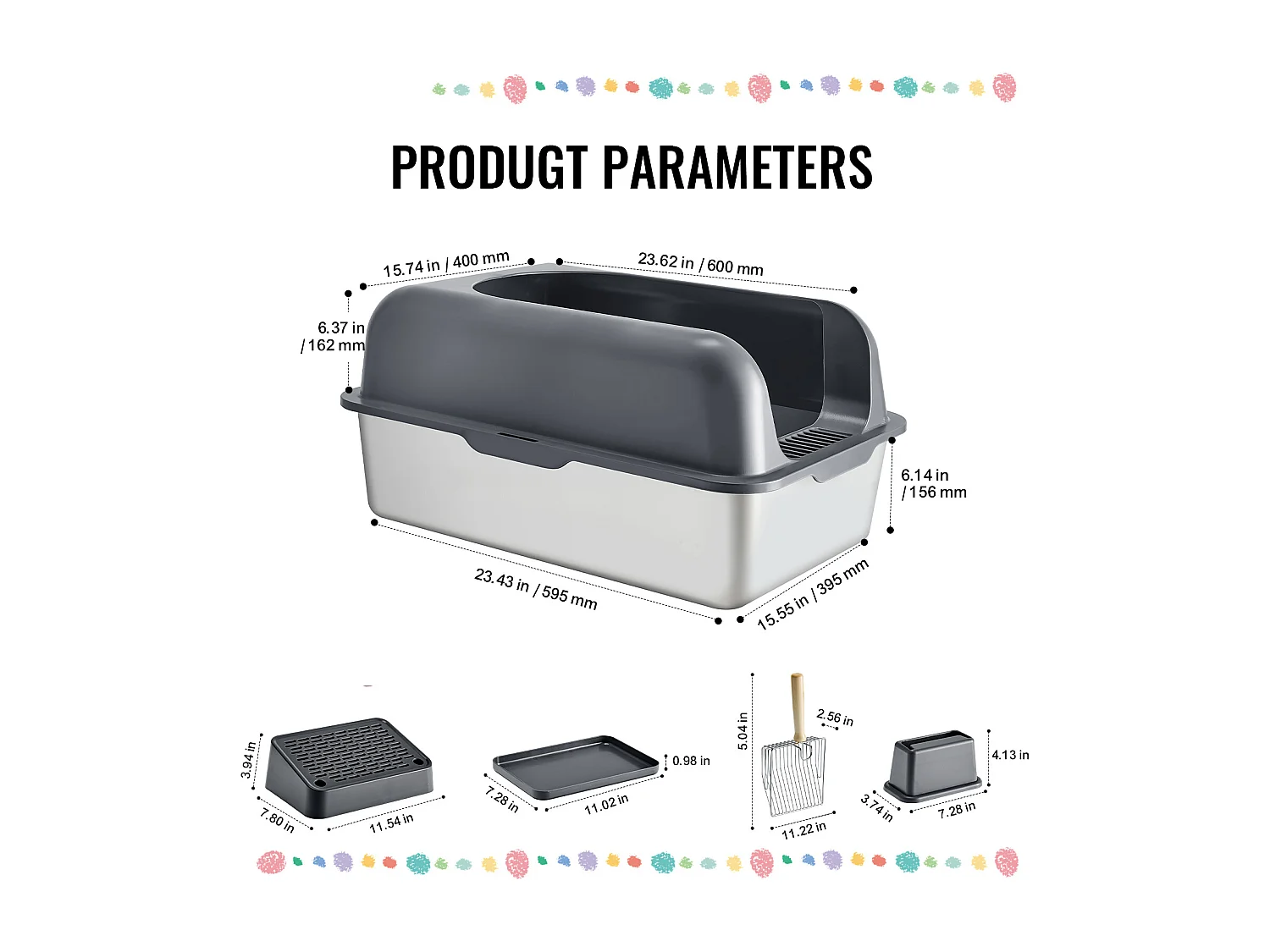 Toilette pour Chat, SucceBuy Bac à Litière pour Chat en Acier Inoxydable de 15.24 cm de Profondeur avec Marchepied Filtrant