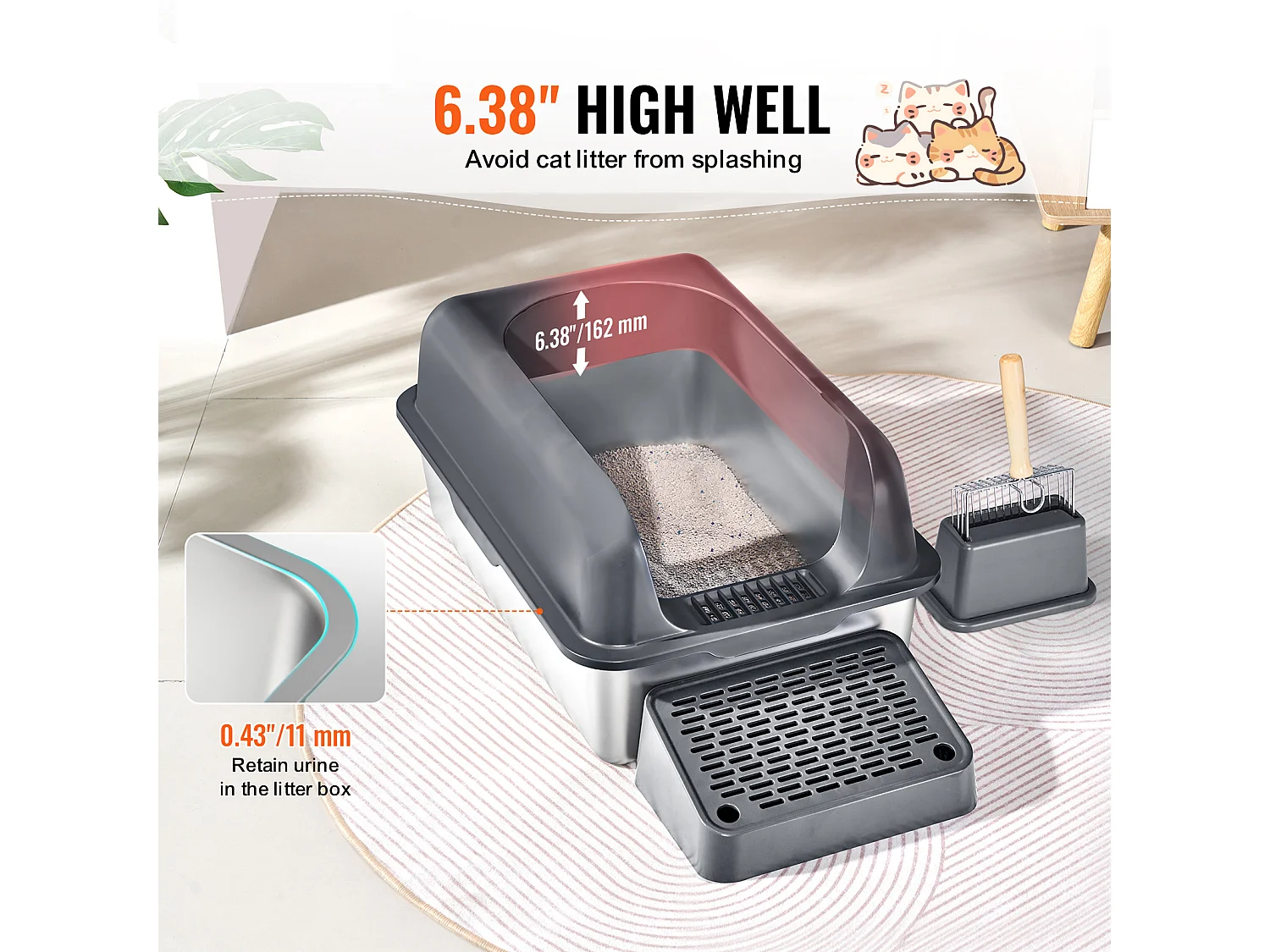 Toilette pour Chat, SucceBuy Bac à Litière pour Chat en Acier Inoxydable de 15.24 cm de Profondeur avec Marchepied Filtrant