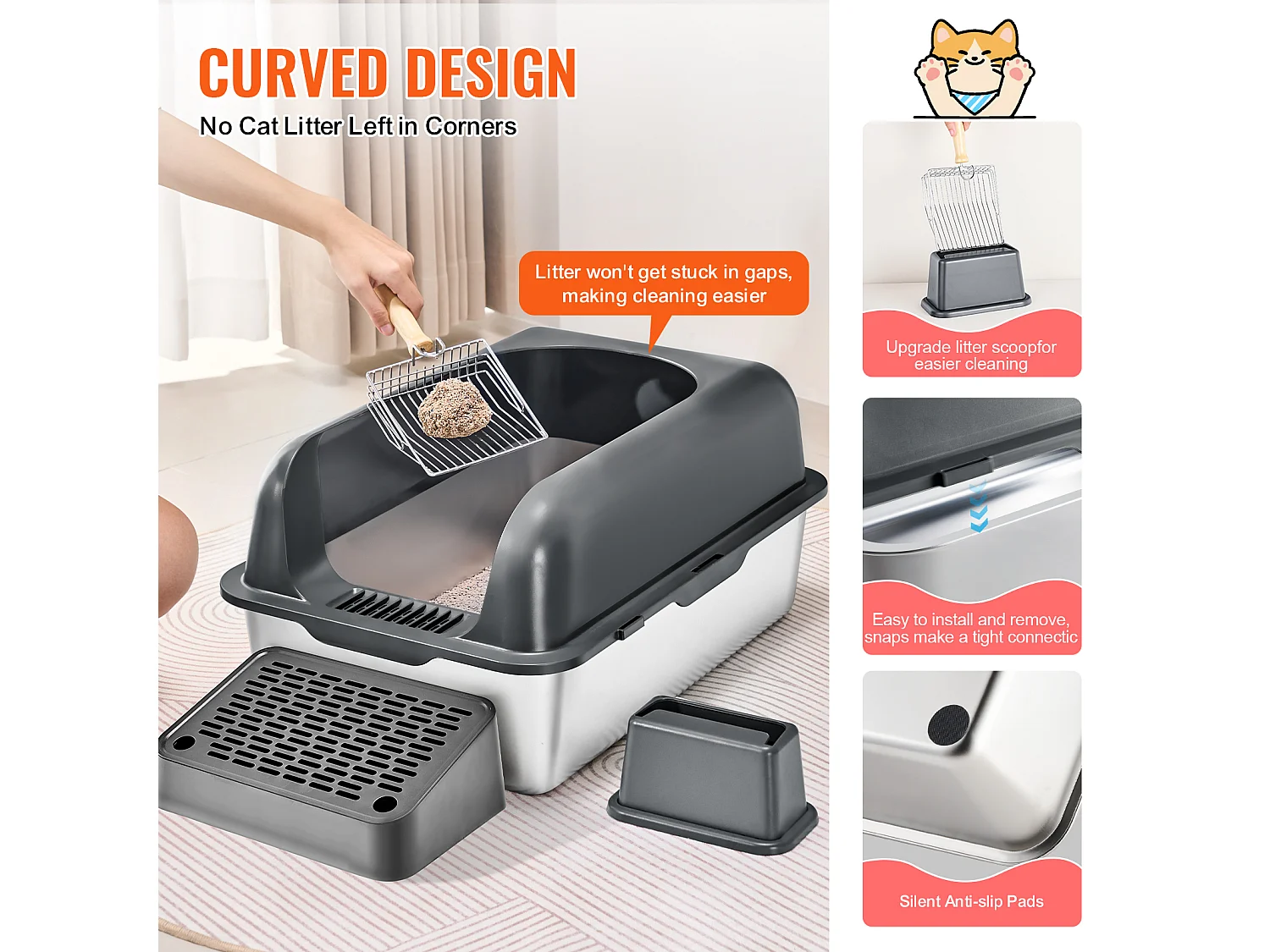 Toilette pour Chat, SucceBuy Bac à Litière pour Chat en Acier Inoxydable de 15.24 cm de Profondeur avec Marchepied Filtrant