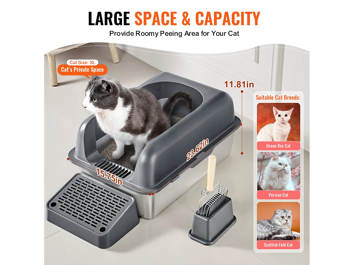 Toilette pour Chat, SucceBuy Bac à Litière pour Chat en Acier Inoxydable de 15.24 cm de Profondeur avec Marchepied Filtrant