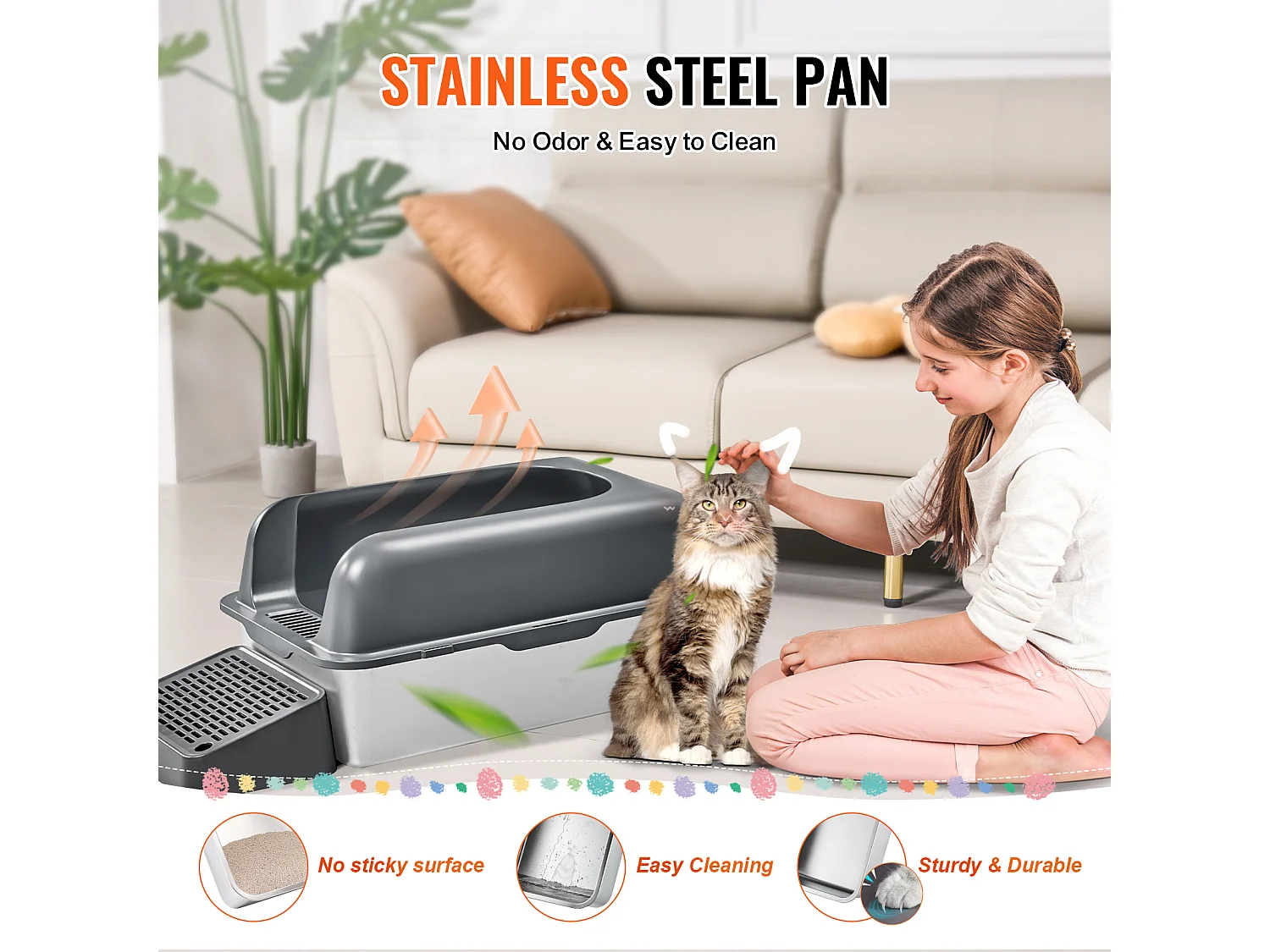 Toilette pour Chat, SucceBuy Bac à Litière pour Chat en Acier Inoxydable de 15.24 cm de Profondeur avec Marchepied Filtrant