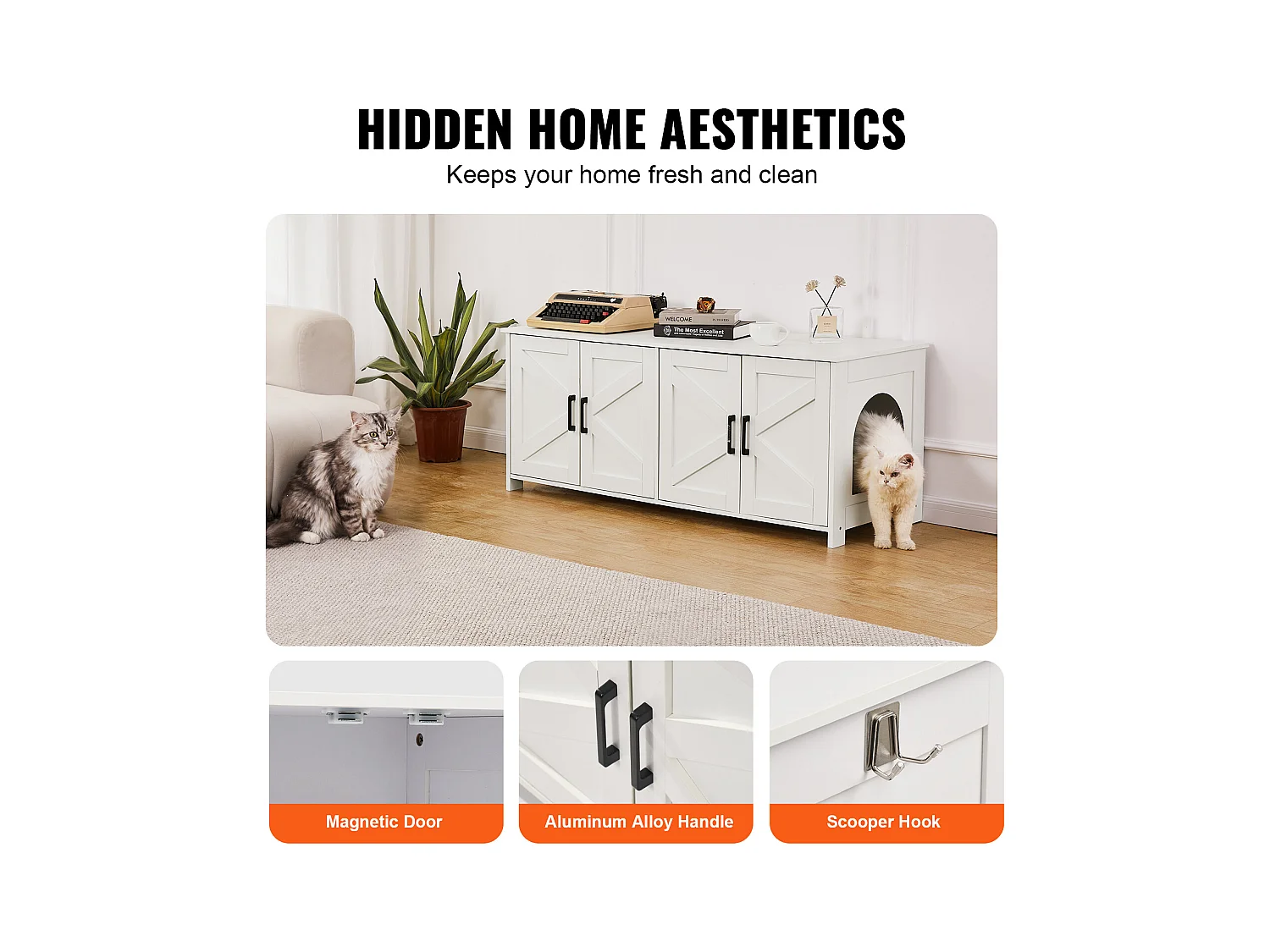 Bac à Litière SucceBuy pour Chat, Meuble Caché en Bois Avec 2 Pièces, Adapte à la Plupart des Bacs à Litière, Blanc