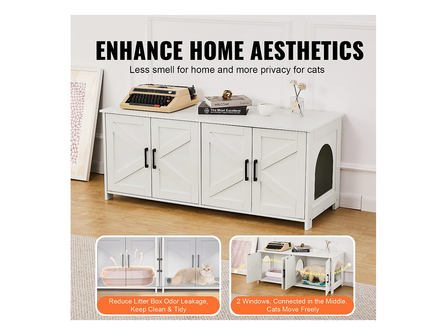 Bac à Litière SucceBuy pour Chat, Meuble Caché en Bois Avec 2 Pièces, Adapte à la Plupart des Bacs à Litière, Blanc