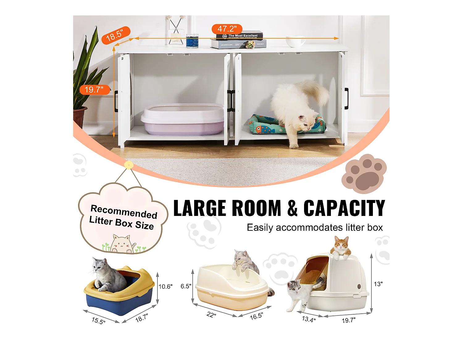 Bac à Litière SucceBuy pour Chat, Meuble Caché en Bois Avec 2 Pièces, Adapte à la Plupart des Bacs à Litière, Blanc