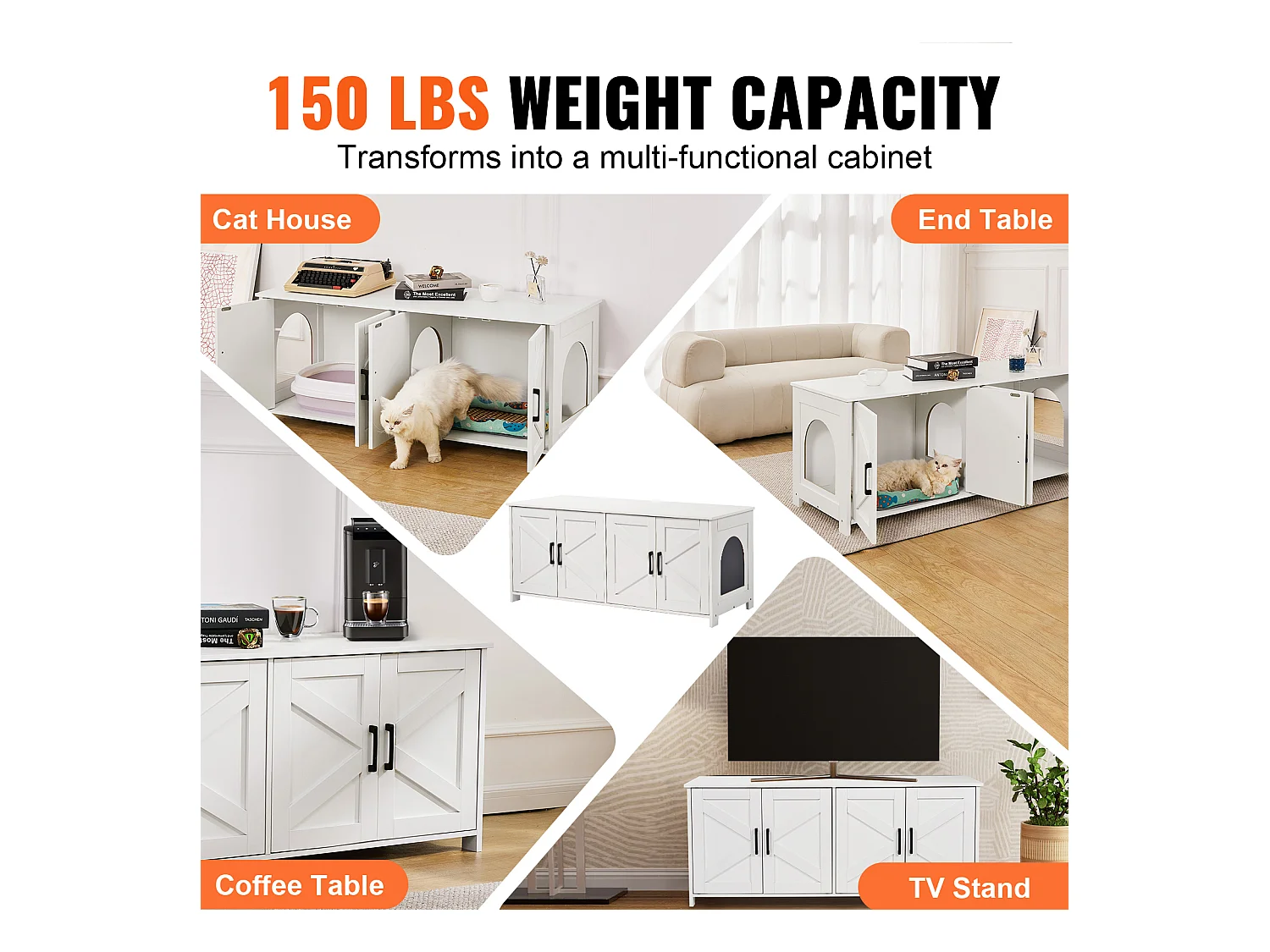 Bac à Litière SucceBuy pour Chat, Meuble Caché en Bois Avec 2 Pièces, Adapte à la Plupart des Bacs à Litière, Blanc