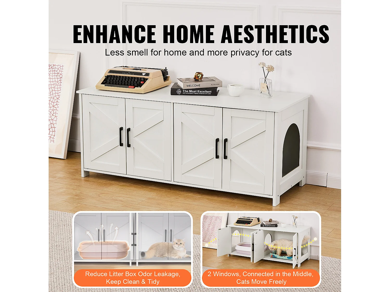 Bac à Litière SucceBuy pour Chat, Meuble Caché en Bois Avec 2 Pièces, Adapte à la Plupart des Bacs à Litière, Blanc