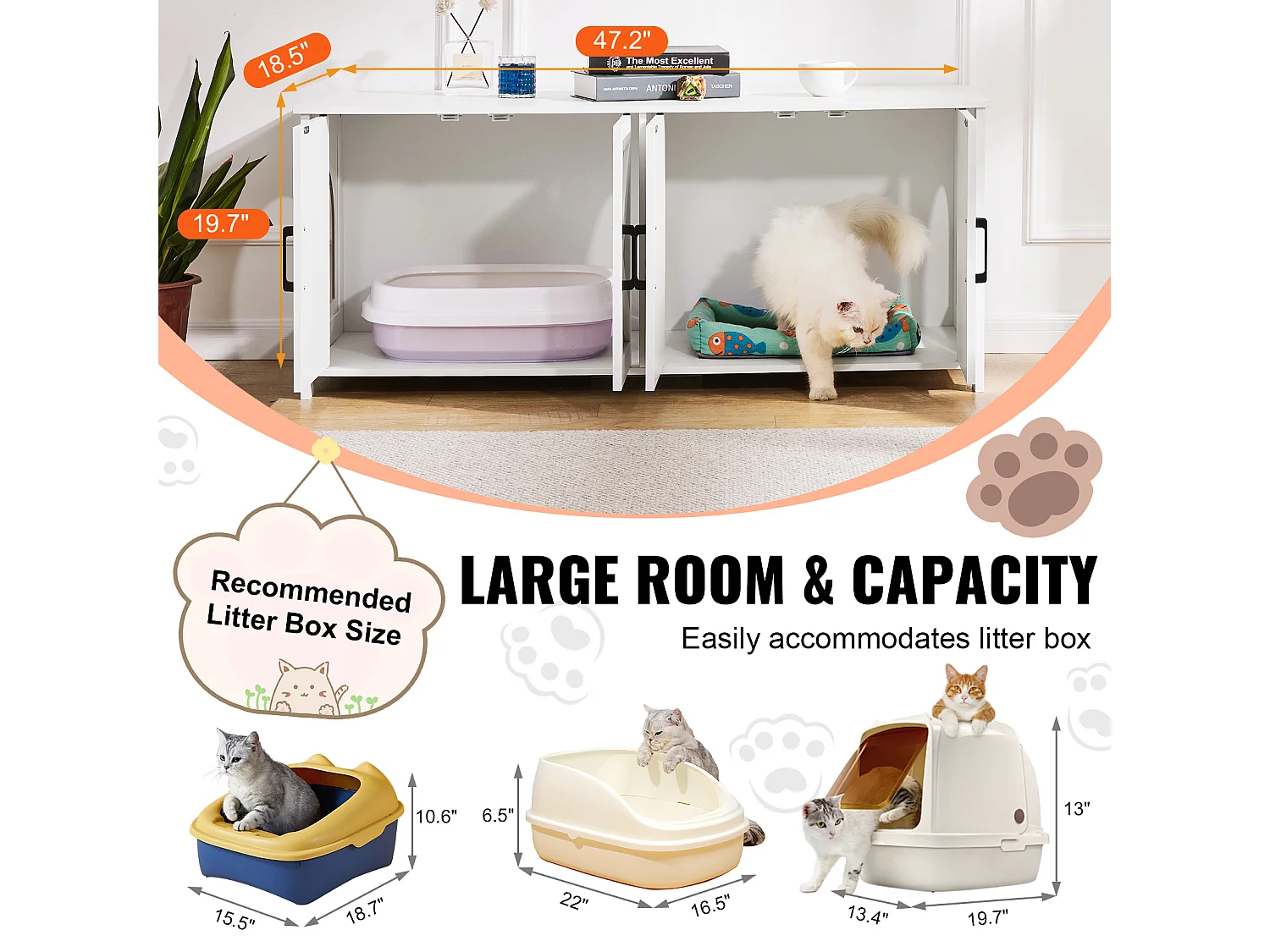 Bac à Litière SucceBuy pour Chat, Meuble Caché en Bois Avec 2 Pièces, Adapte à la Plupart des Bacs à Litière, Blanc