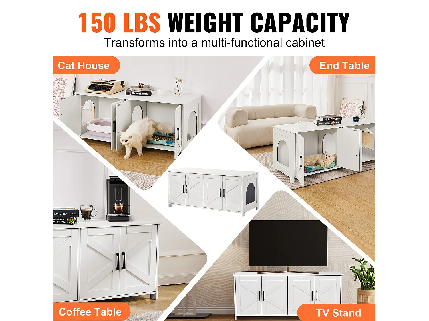 Bac à Litière SucceBuy pour Chat, Meuble Caché en Bois Avec 2 Pièces, Adapte à la Plupart des Bacs à Litière, Blanc