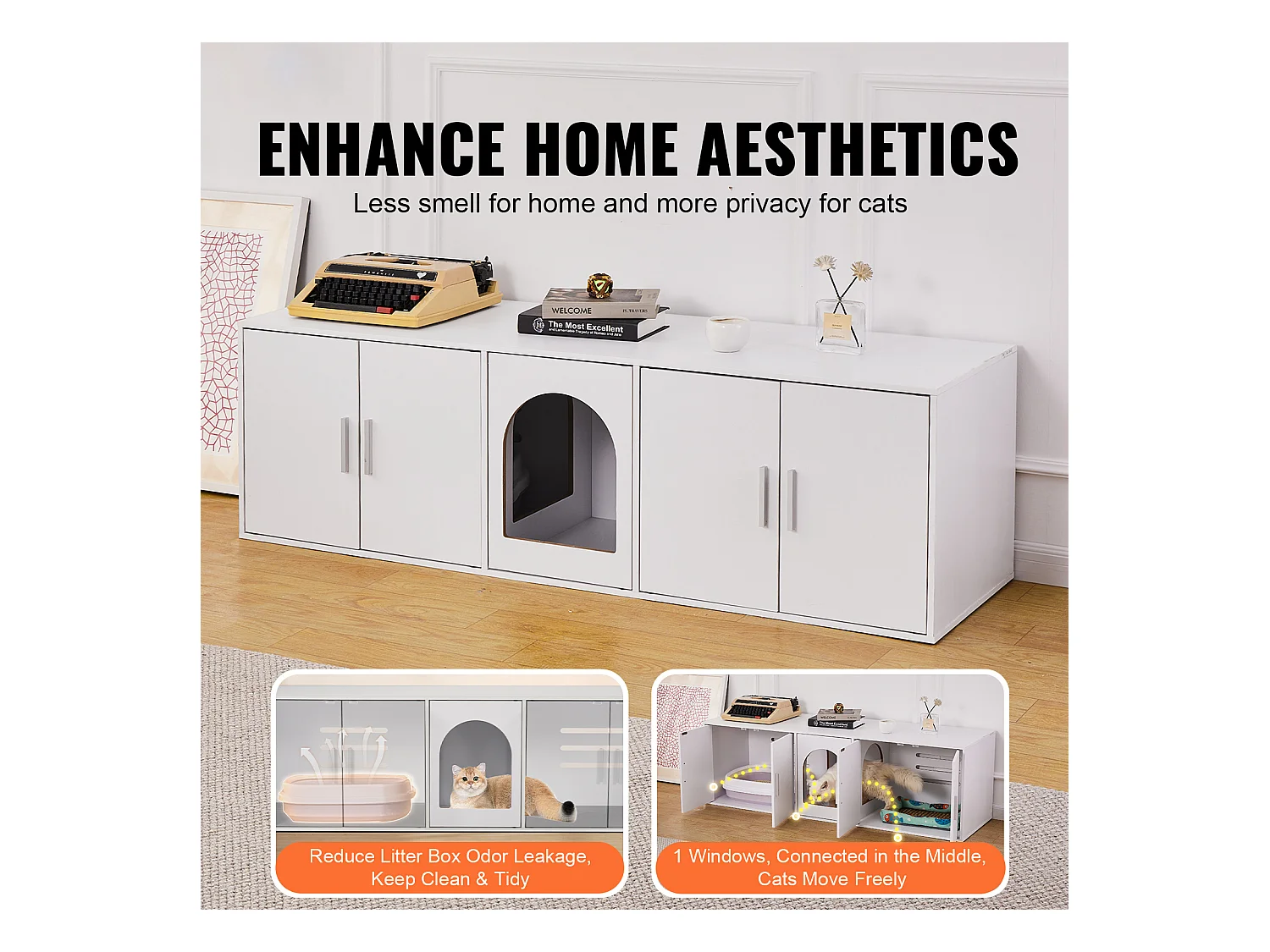 Toilette pour Chat SucceBuy , Meubles Cachés en Bois, 147cm, Blanc