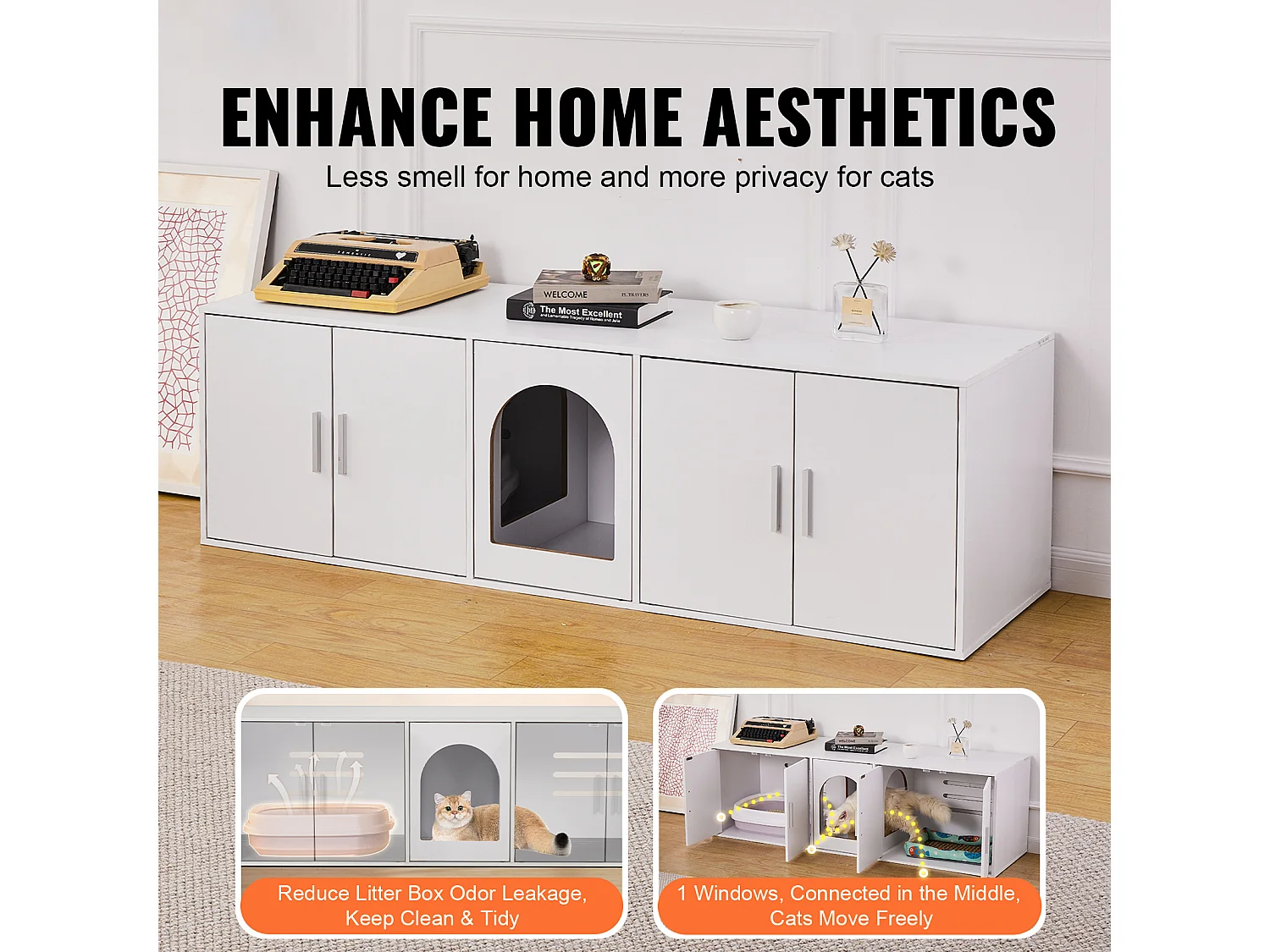 Toilette pour Chat SucceBuy , Meubles Cachés en Bois, 147cm, Blanc