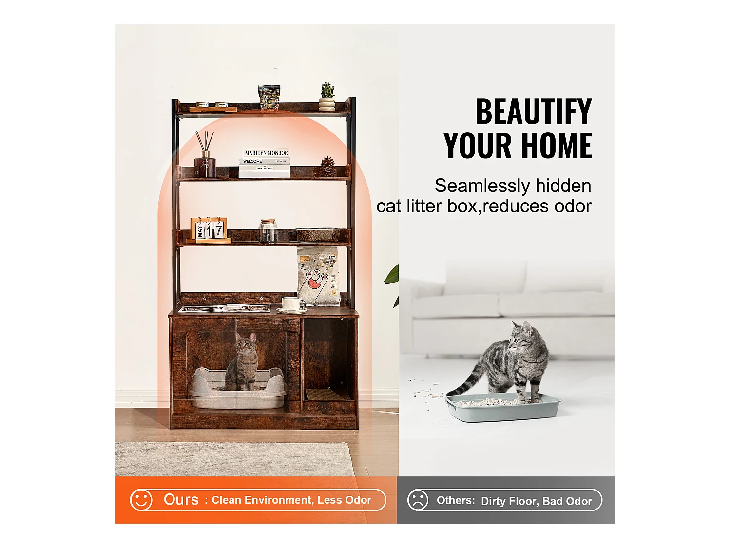 Enceinte de Litière pour Chat SucceBuy, Meuble en Bois Caché avec 3 Étagères, Offrant un Espace Privé pour Animal