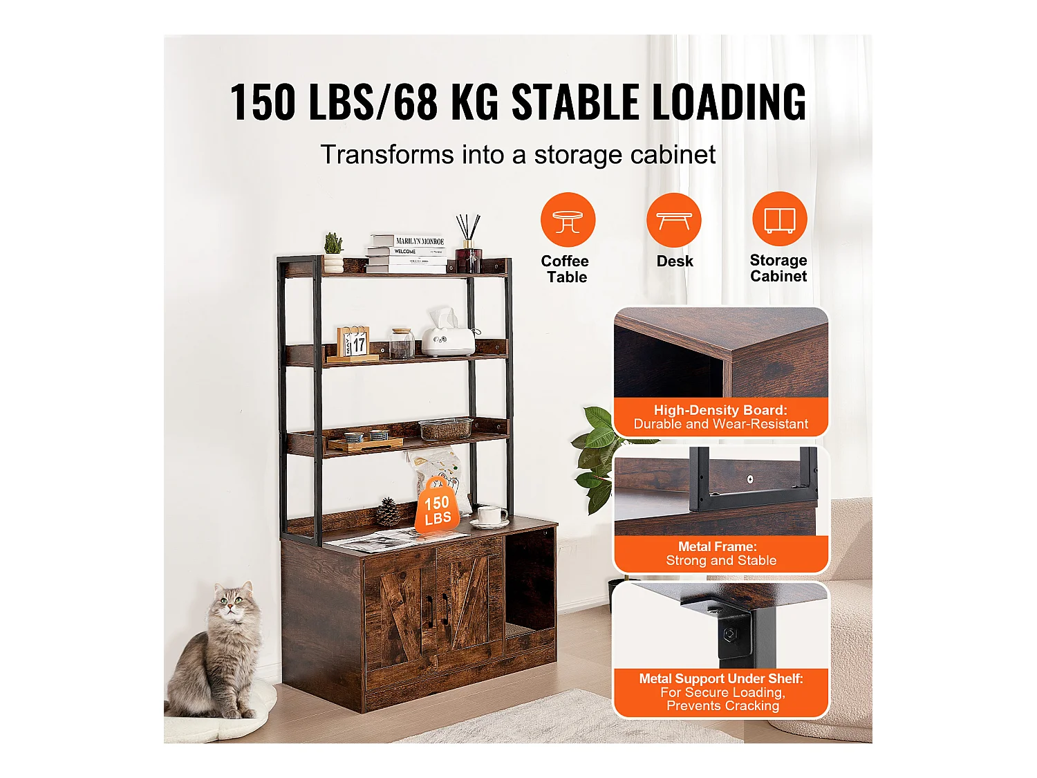 Enceinte de Litière pour Chat SucceBuy, Meuble en Bois Caché avec 3 Étagères, Offrant un Espace Privé pour Animal