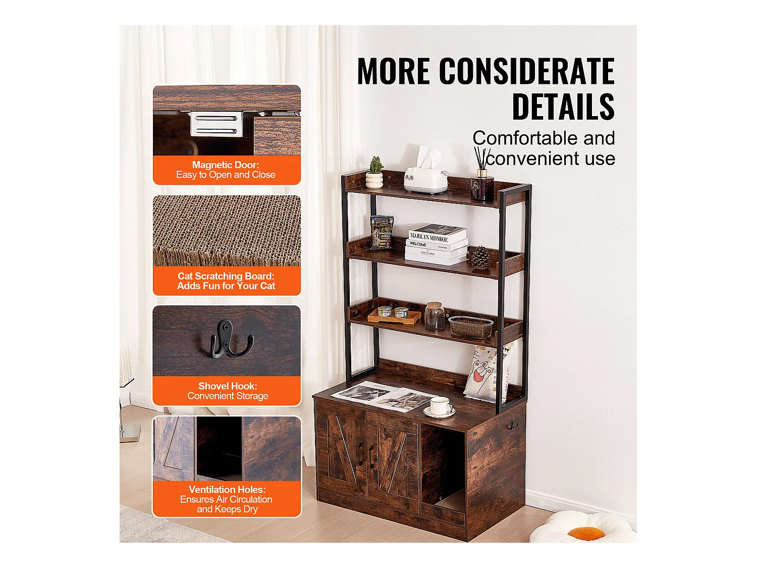 Enceinte de Litière pour Chat SucceBuy, Meuble en Bois Caché avec 3 Étagères, Offrant un Espace Privé pour Animal