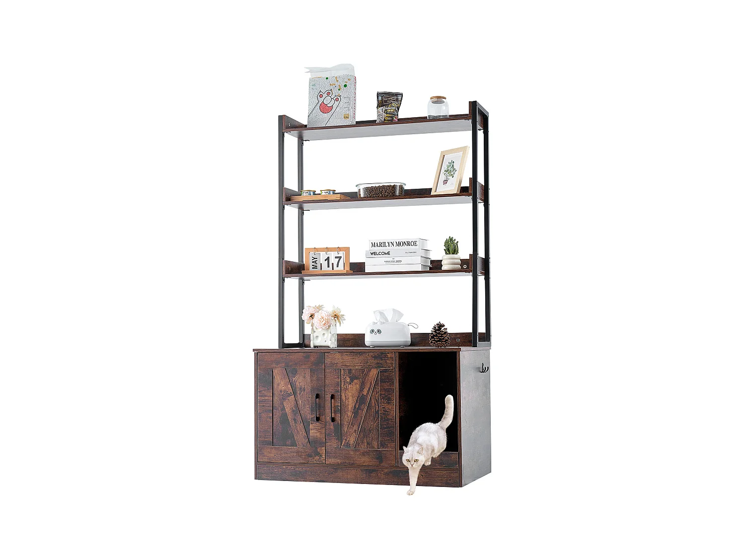 Enceinte de Litière pour Chat SucceBuy, Meuble en Bois Caché avec 3 Étagères, Offrant un Espace Privé pour Animal