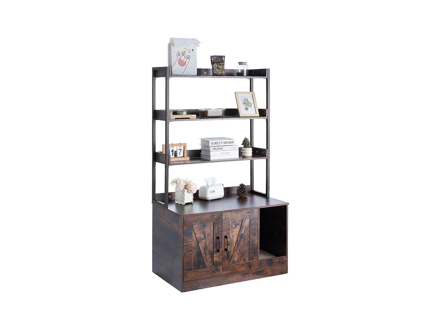 Enceinte de Litière pour Chat SucceBuy, Meuble en Bois Caché avec 3 Étagères, Offrant un Espace Privé pour Animal