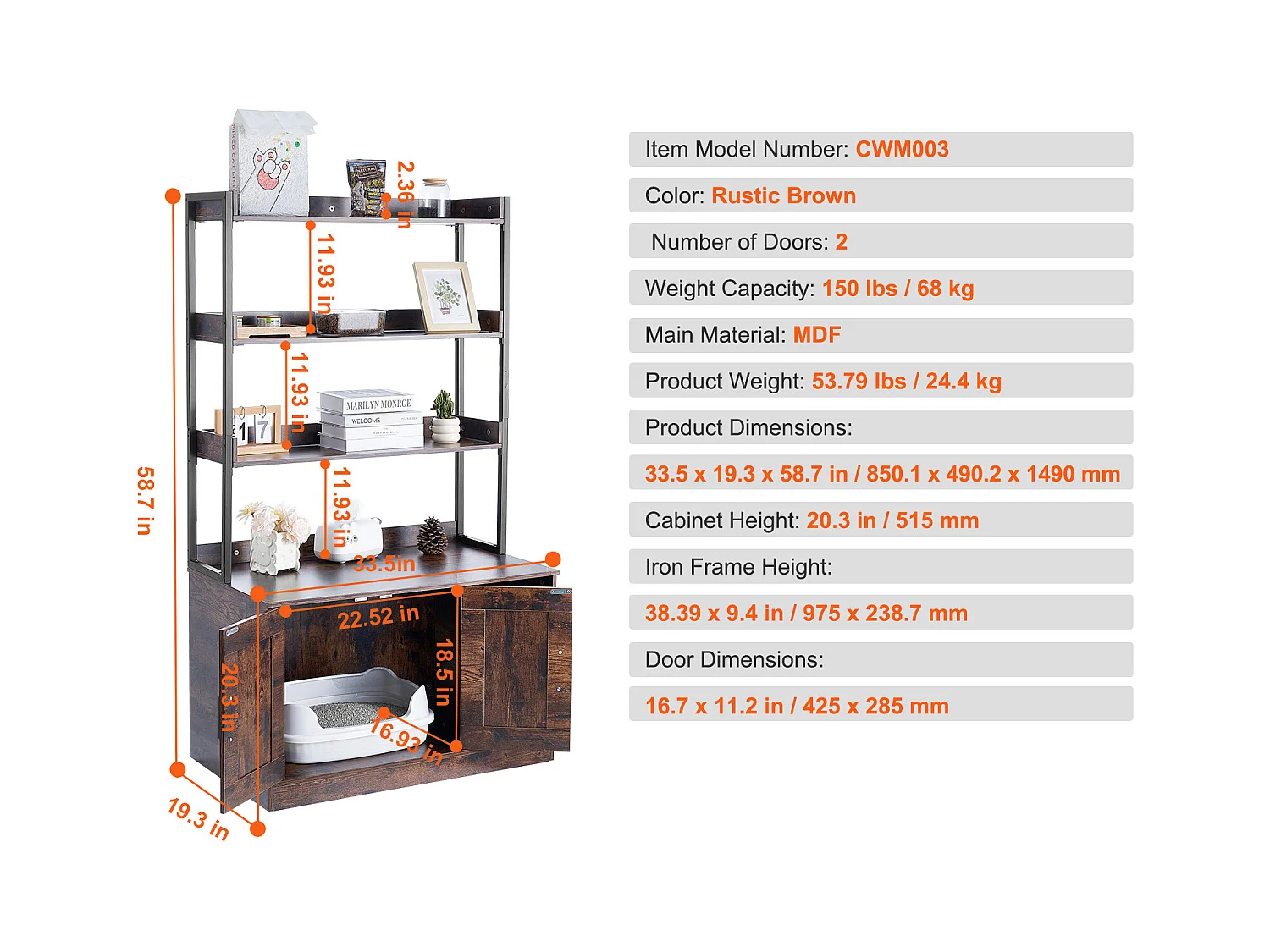 Enceinte de Litière pour Chat SucceBuy, Meuble en Bois Caché avec 3 Étagères, Offrant un Espace Privé pour Animal
