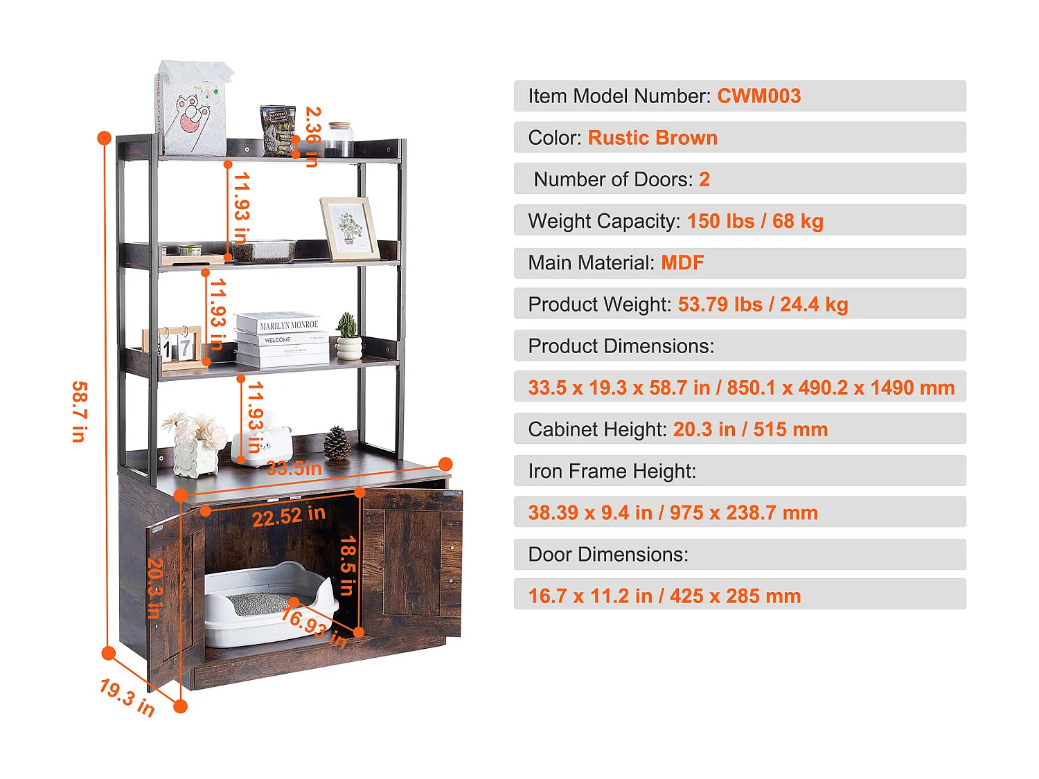 Enceinte de Litière pour Chat SucceBuy, Meuble en Bois Caché avec 3 Étagères, Offrant un Espace Privé pour Animal