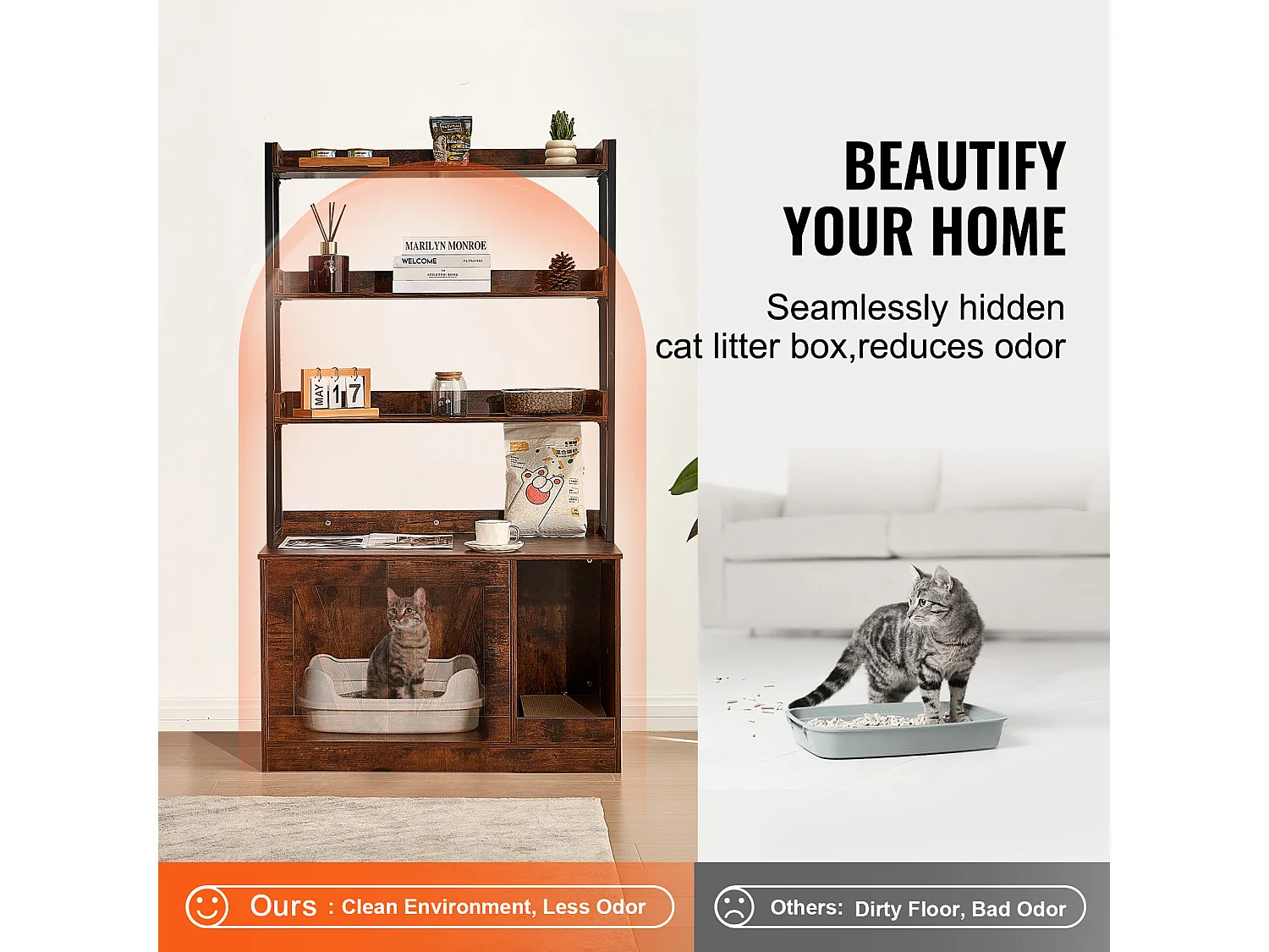 Enceinte de Litière pour Chat SucceBuy, Meuble en Bois Caché avec 3 Étagères, Offrant un Espace Privé pour Animal