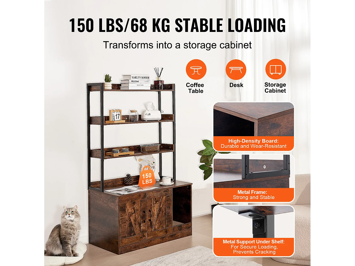 Enceinte de Litière pour Chat SucceBuy, Meuble en Bois Caché avec 3 Étagères, Offrant un Espace Privé pour Animal