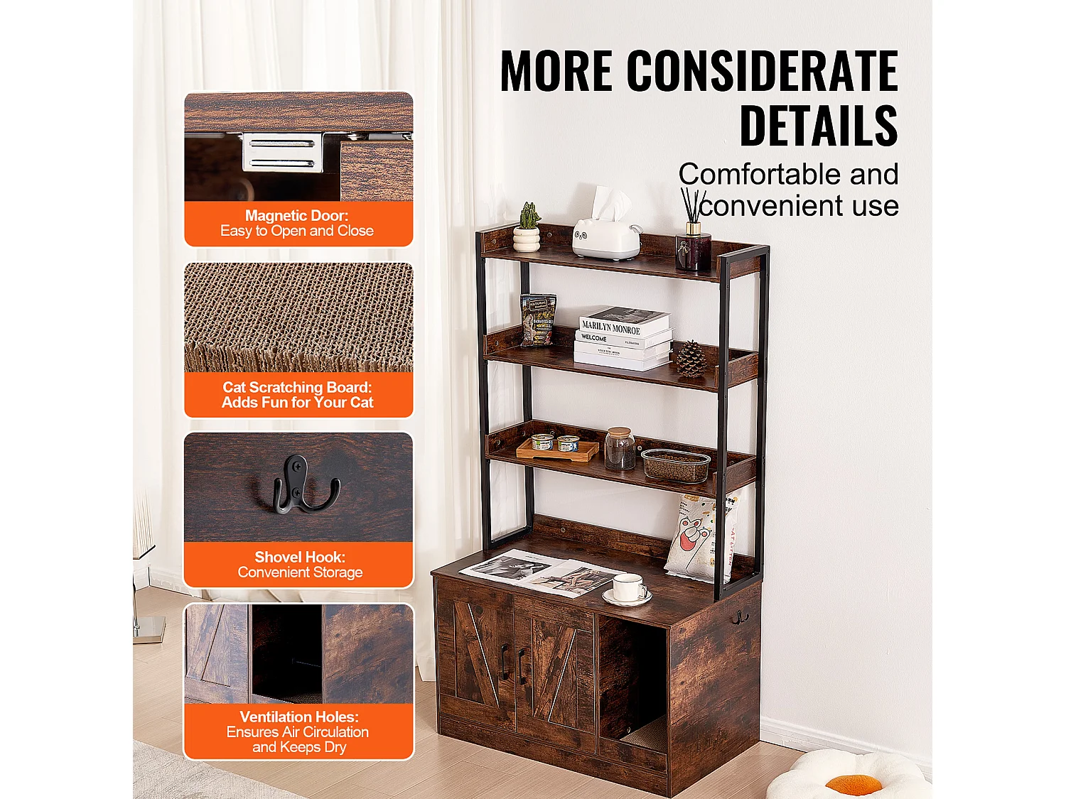 Enceinte de Litière pour Chat SucceBuy, Meuble en Bois Caché avec 3 Étagères, Offrant un Espace Privé pour Animal