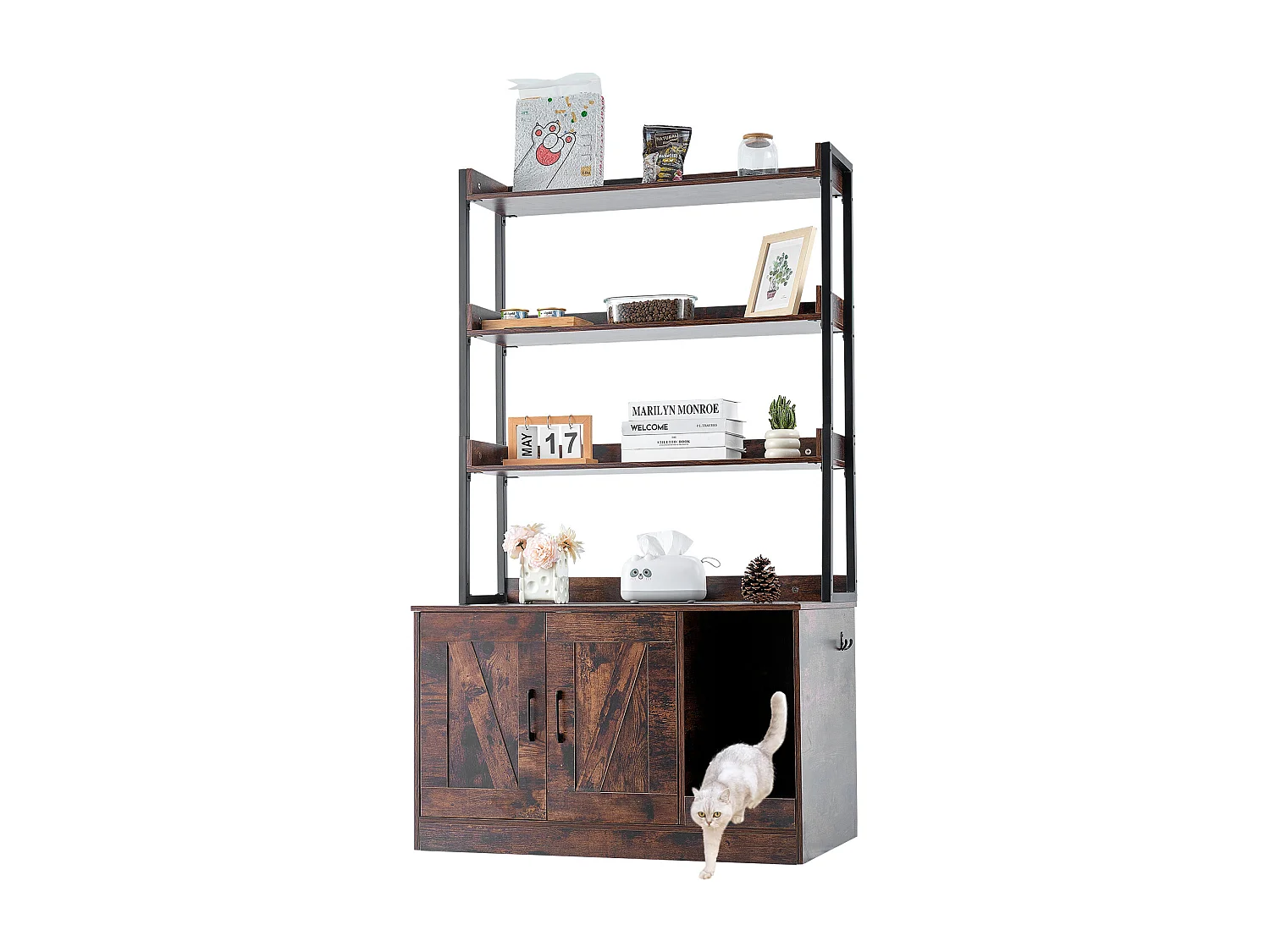 Enceinte de Litière pour Chat SucceBuy, Meuble en Bois Caché avec 3 Étagères, Offrant un Espace Privé pour Animal