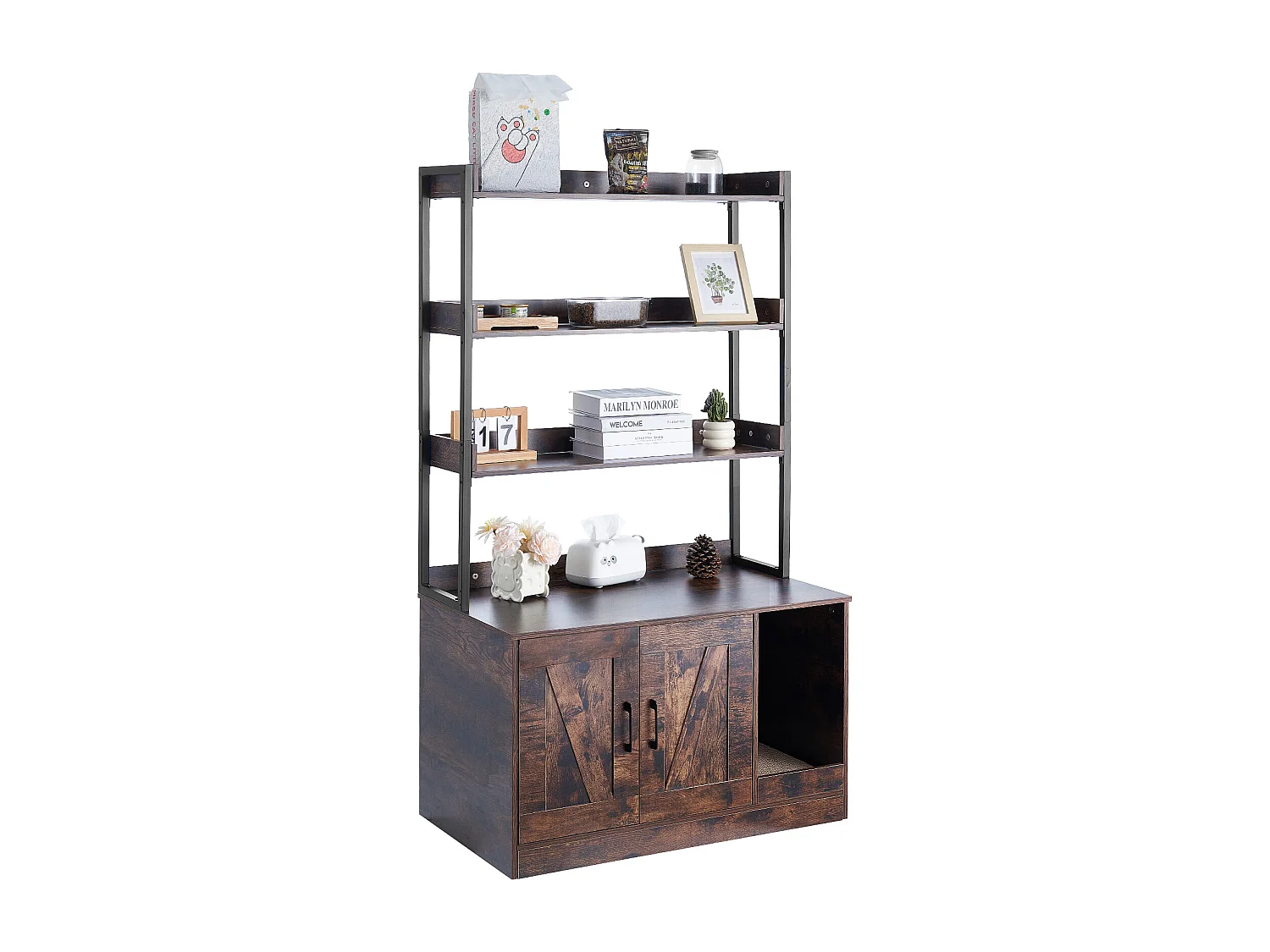 Enceinte de Litière pour Chat SucceBuy, Meuble en Bois Caché avec 3 Étagères, Offrant un Espace Privé pour Animal