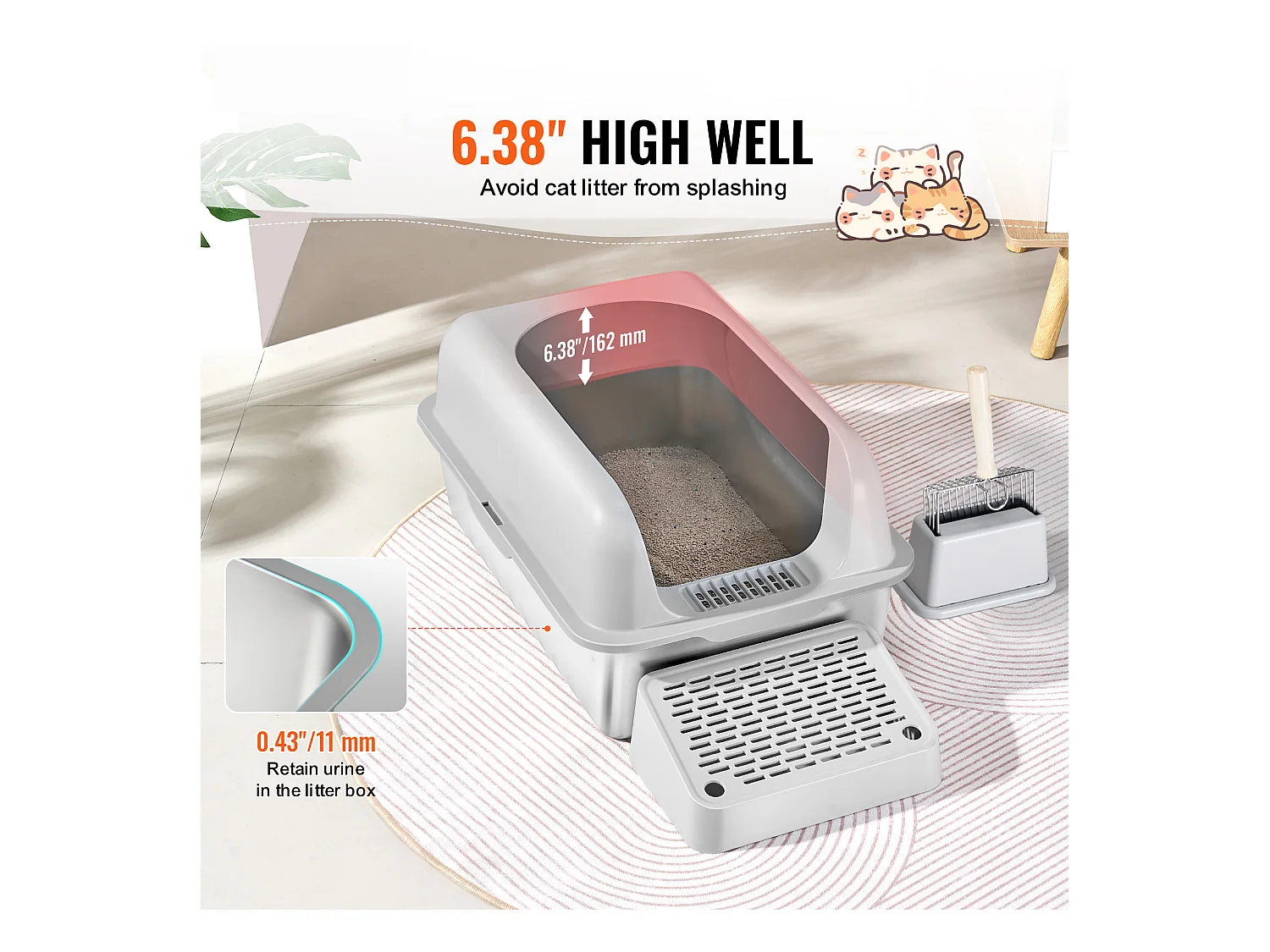 Toilette pour Chat, SucceBuy Bac à Litière pour Chat XL, 15.24 CM de Profondeur, Sans Odeur, en Acier Inoxydable avec Repose-pieds