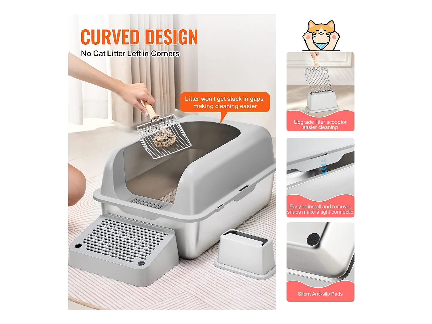 Toilette pour Chat, SucceBuy Bac à Litière pour Chat XL, 15.24 CM de Profondeur, Sans Odeur, en Acier Inoxydable avec Repose-pieds