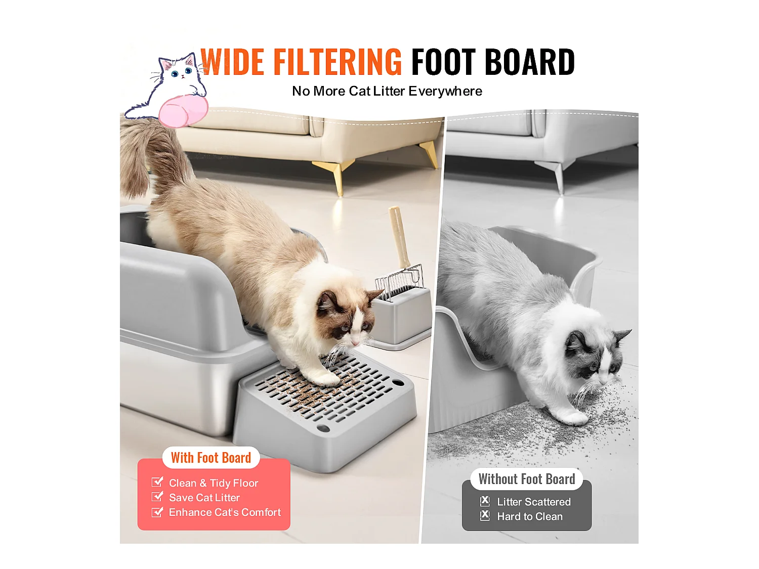 Toilette pour Chat, SucceBuy Bac à Litière pour Chat XL, 15.24 CM de Profondeur, Sans Odeur, en Acier Inoxydable avec Repose-pieds