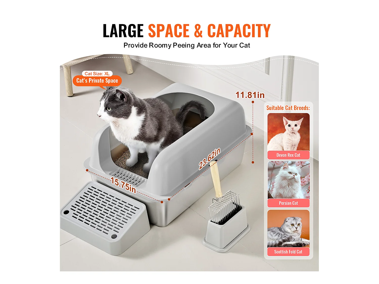 Toilette pour Chat, SucceBuy Bac à Litière pour Chat XL, 15.24 CM de Profondeur, Sans Odeur, en Acier Inoxydable avec Repose-pieds