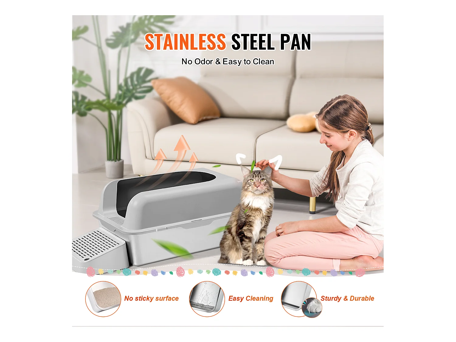 Toilette pour Chat, SucceBuy Bac à Litière pour Chat XL, 15.24 CM de Profondeur, Sans Odeur, en Acier Inoxydable avec Repose-pieds