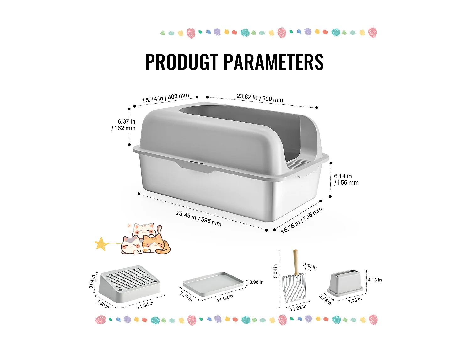 Toilette pour Chat, SucceBuy Bac à Litière pour Chat XL, 15.24 CM de Profondeur, Sans Odeur, en Acier Inoxydable avec Repose-pieds