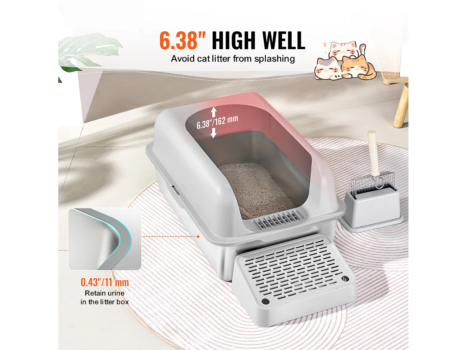 Toilette pour Chat, SucceBuy Bac à Litière pour Chat XL, 15.24 CM de Profondeur, Sans Odeur, en Acier Inoxydable avec Repose-pieds