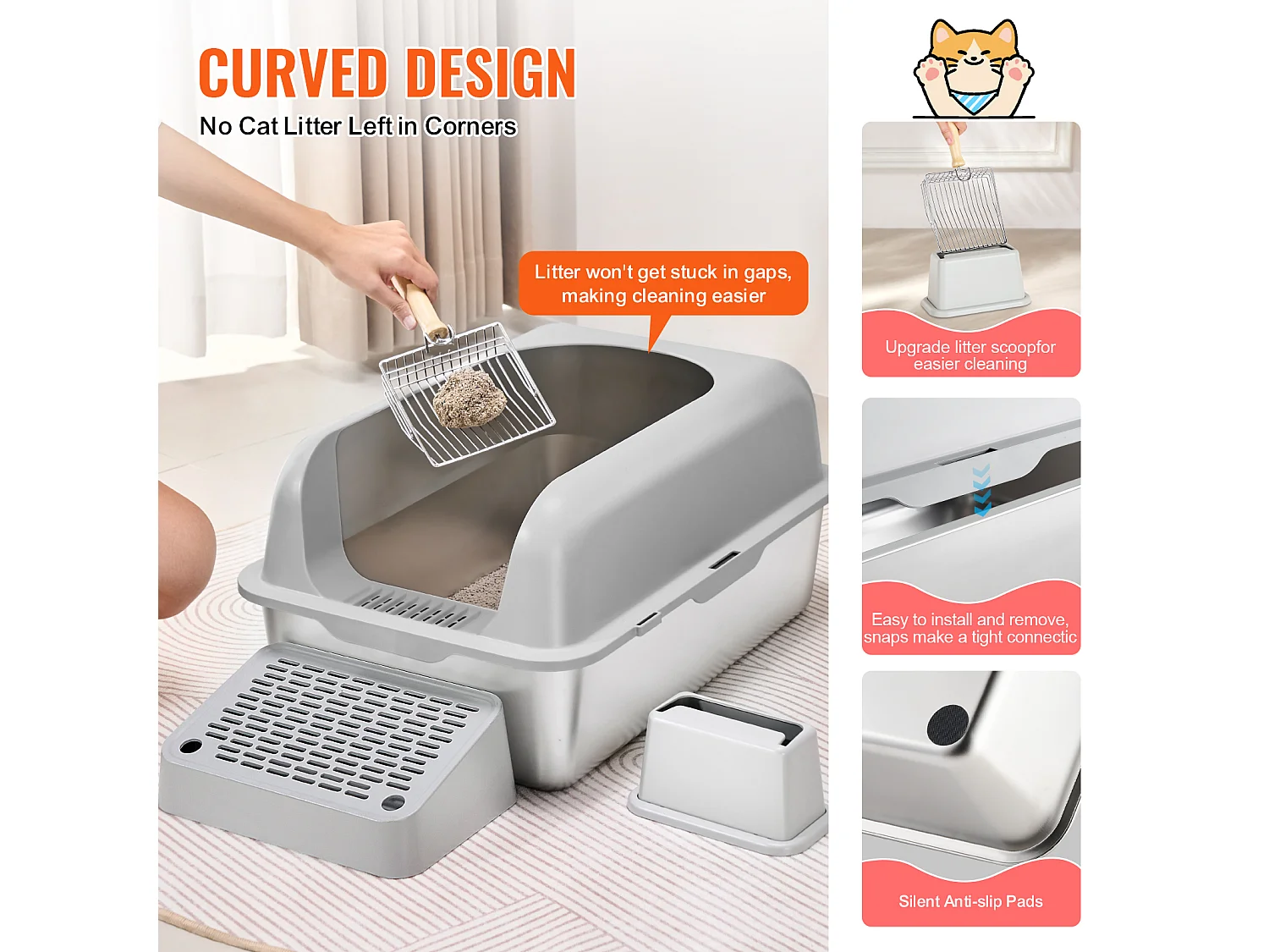 Toilette pour Chat, SucceBuy Bac à Litière pour Chat XL, 15.24 CM de Profondeur, Sans Odeur, en Acier Inoxydable avec Repose-pieds