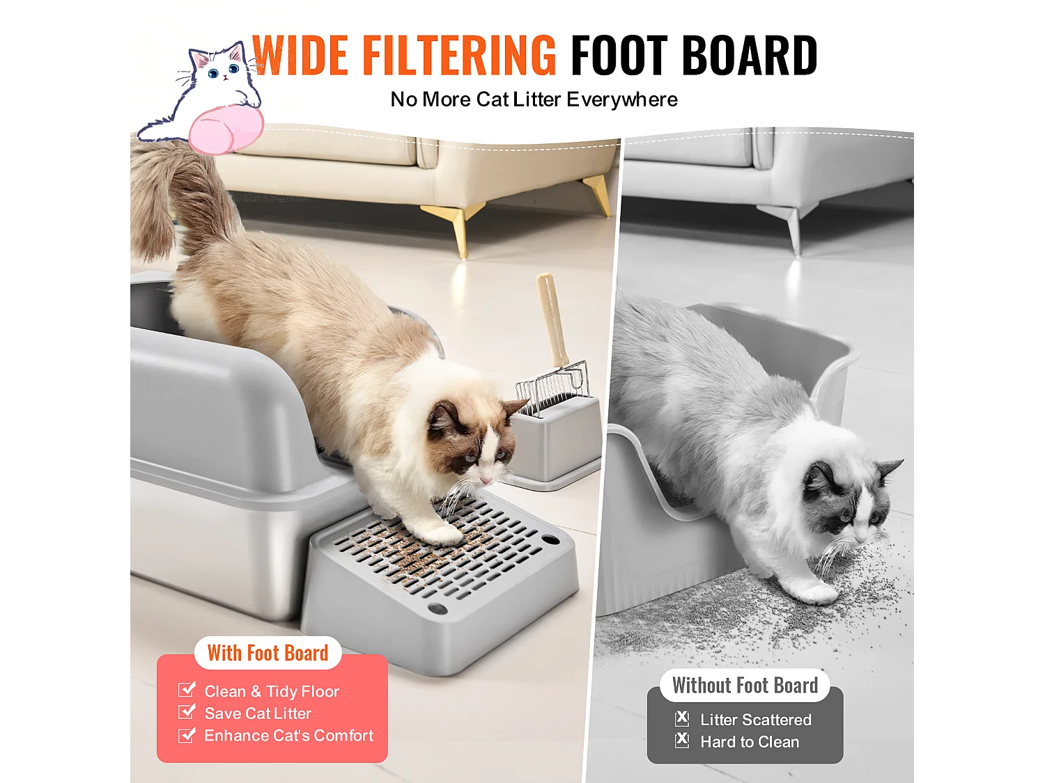 Toilette pour Chat, SucceBuy Bac à Litière pour Chat XL, 15.24 CM de Profondeur, Sans Odeur, en Acier Inoxydable avec Repose-pieds