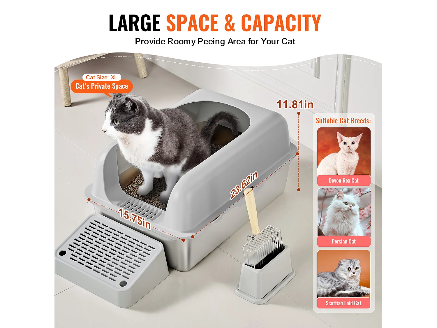 Toilette pour Chat, SucceBuy Bac à Litière pour Chat XL, 15.24 CM de Profondeur, Sans Odeur, en Acier Inoxydable avec Repose-pieds