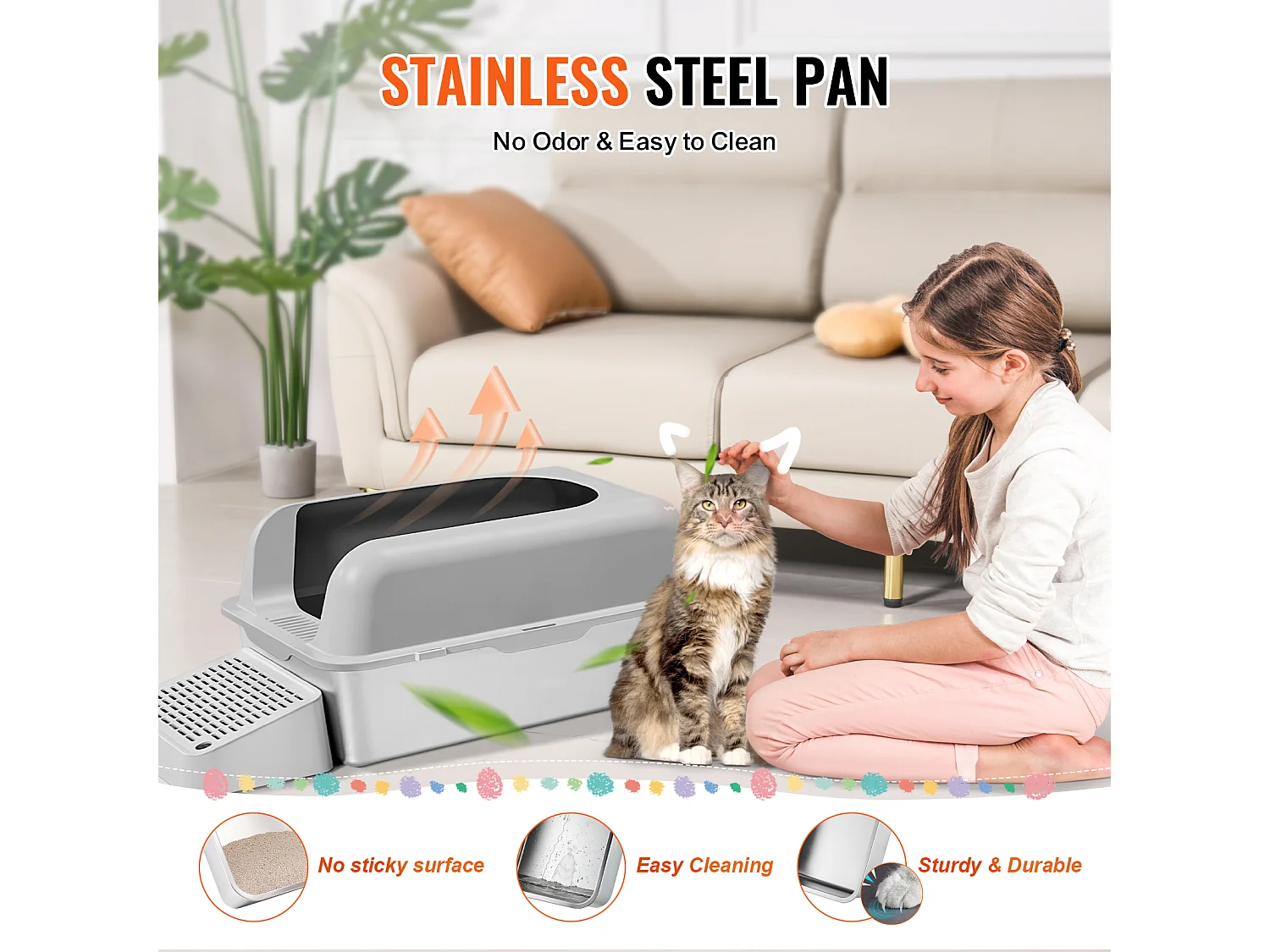 Toilette pour Chat, SucceBuy Bac à Litière pour Chat XL, 15.24 CM de Profondeur, Sans Odeur, en Acier Inoxydable avec Repose-pieds