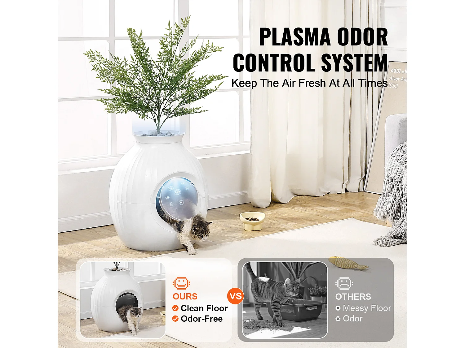 Bac à Litière, SucceBuy Bac à Litière pour Chat Plant - Contrôle Intelligent des Odeurs, Caché, Entrée de 24.1 cm, ABS, Décoratif pour la Maison