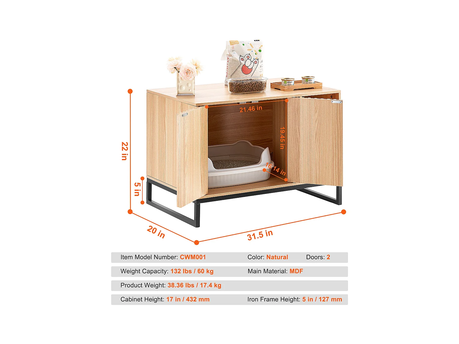 Bac à Litière, SucceBuy Enceinte pour Bac à Litière pour Chat, Meuble pour Bac à Litière Caché 80 cm L x 50.8 cm W x 55.88 cm H