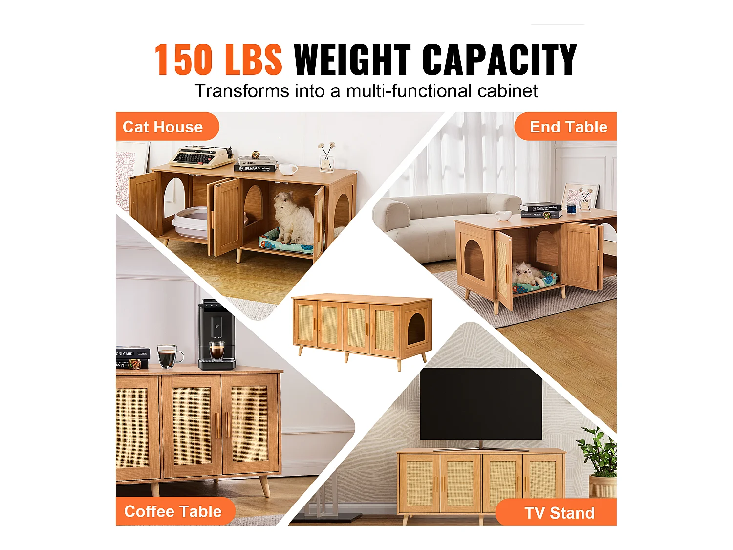 Bac à Litière pour Chat SucceBuy, Meubles Cachés en Bois pour 2 Chats, Intérieur spacieux avec deux fenêtres