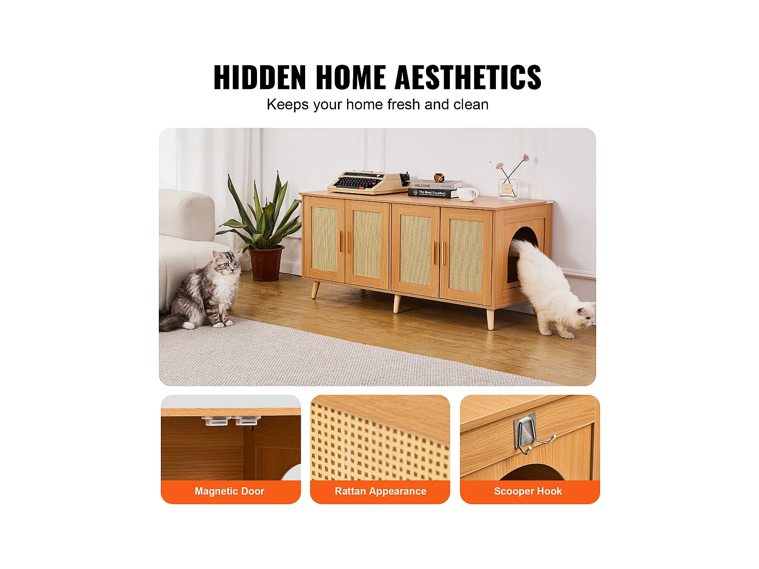 Bac à Litière pour Chat SucceBuy, Meubles Cachés en Bois pour 2 Chats, Intérieur spacieux avec deux fenêtres