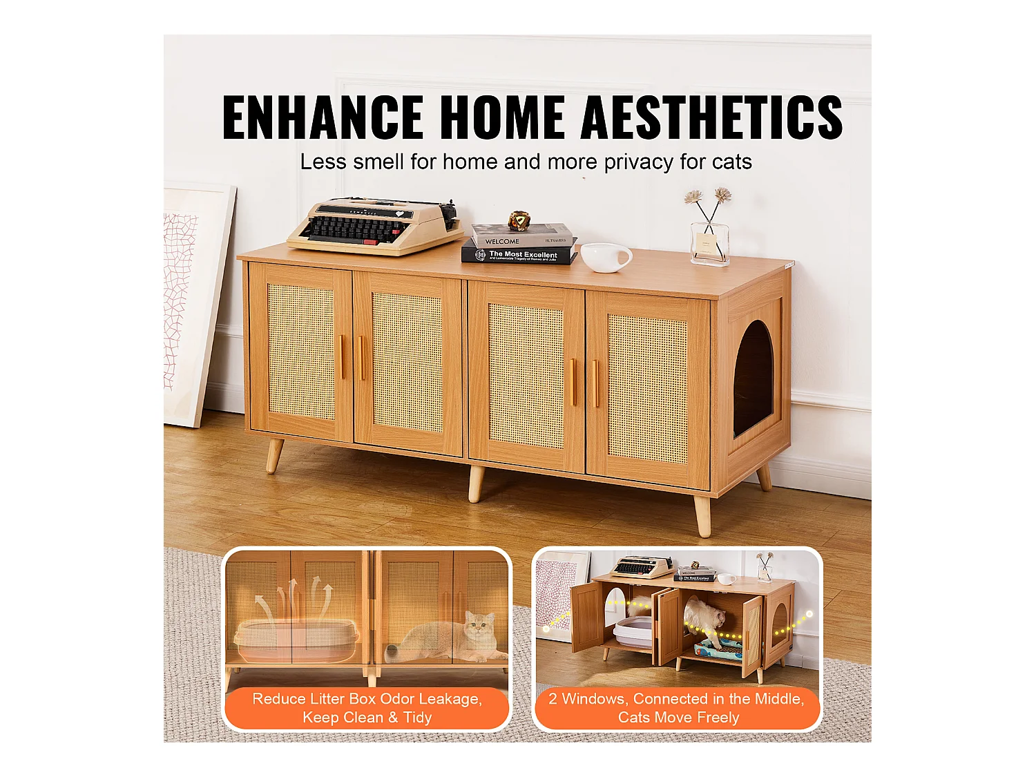 Bac à Litière pour Chat SucceBuy, Meubles Cachés en Bois pour 2 Chats, Intérieur spacieux avec deux fenêtres