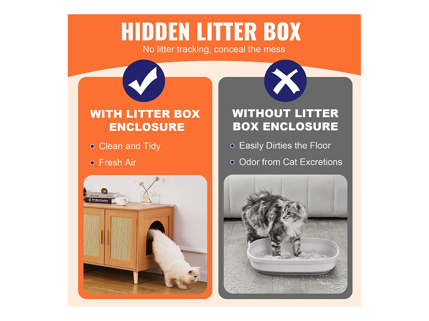 Bac à Litière pour Chat SucceBuy, Meubles Cachés en Bois pour 2 Chats, Intérieur spacieux avec deux fenêtres
