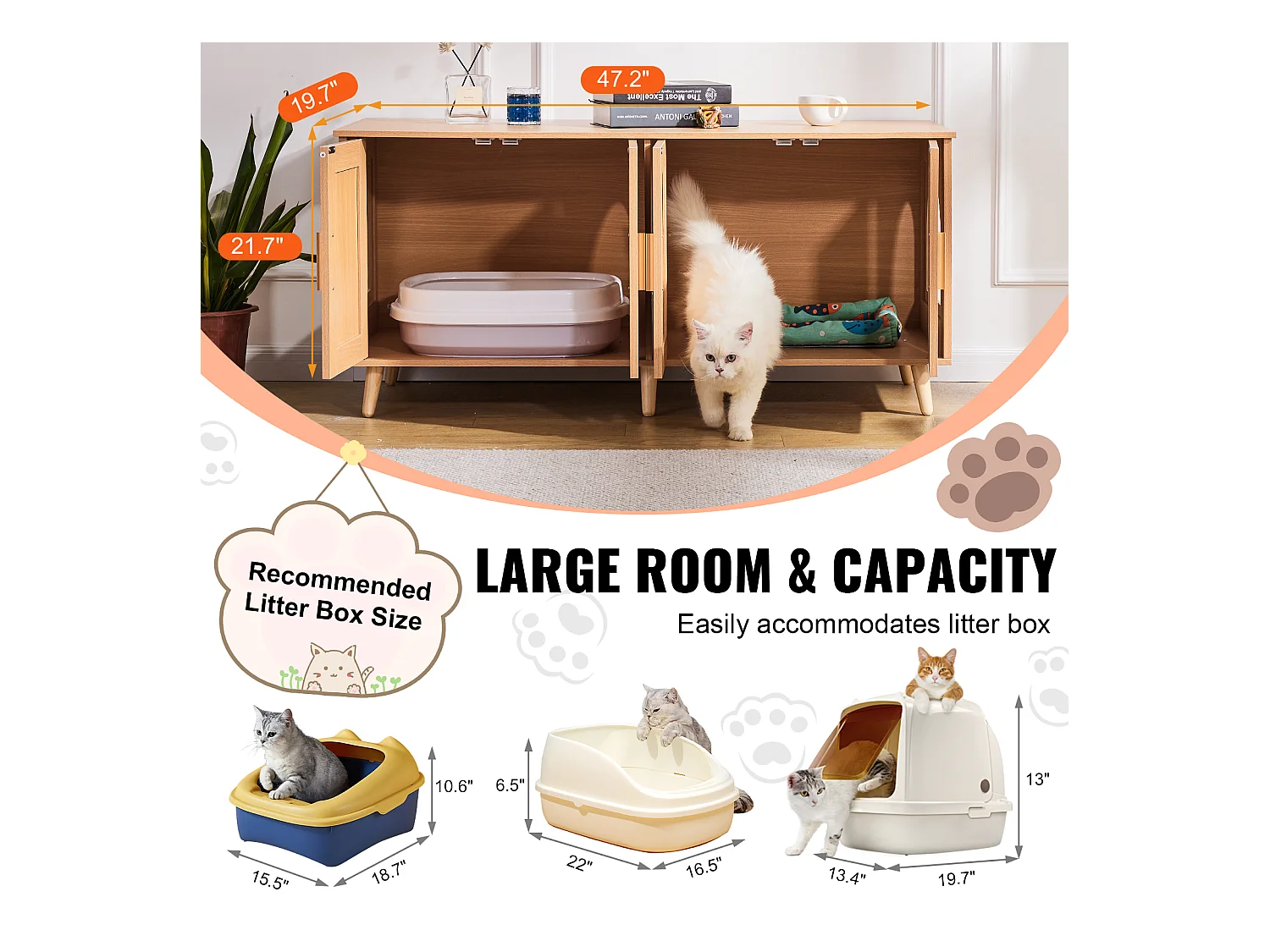 Bac à Litière pour Chat SucceBuy, Meubles Cachés en Bois pour 2 Chats, Intérieur spacieux avec deux fenêtres